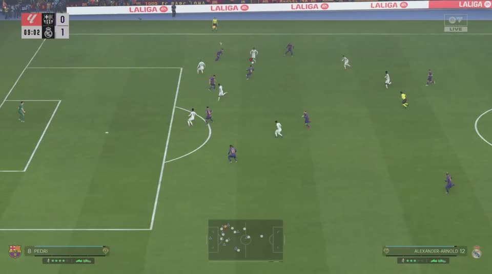 Pedri, the player under your arrow, is up by the touchline chasing the man on the ball. The middle of the pitch he has left is empty.
